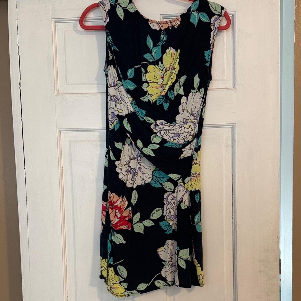 Floral Sleeveless Dress - Navy with Multicolor Accents